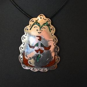 Large (2 1/8 inch) Vintage Navajo Tribe Thunderbird Pendant Sterling w/ Coral & Turquoise Inlay circa 1970&#39;s Great detail 21 grams