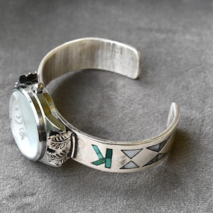 Ladies Zuni Watch Cuff Sterling Silver and Turquoise & MOP Inlay w/ New watch-53 grams- 6 7/8 wearable inches Stunning