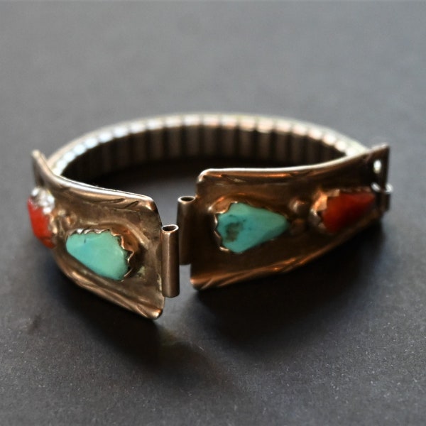 Ladies Navajo signed (B&N Nastacio) Watch Tips Sterling Silver, Red Coral and Turquoise- Great detail comes w/ expandable band ca 1970's