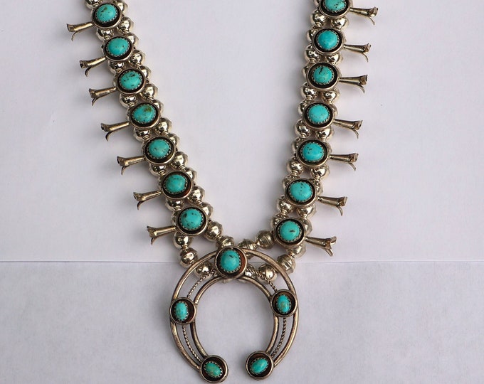 New Petite Signed Navajo Turquoise & Sterling Squash Blossom Necklace