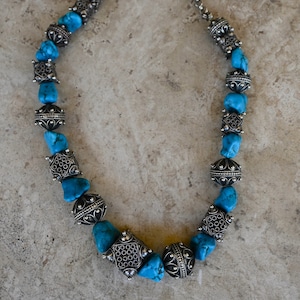 Unique Tibetan Blue Turquoise & Sterling Silver bead necklace-20 inches 132 grams -stunning silver detail and deep blue turquoise gemstones