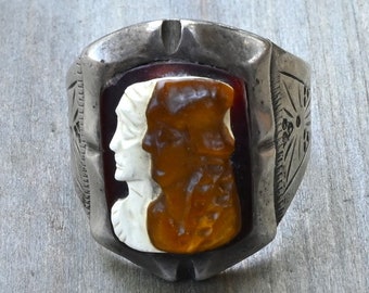 Men's Soldier (Centurion) Sterling  Ring size 10 Vintage hand carved Tiger's Eye and MOP Centurion Cameo ca 1950's Centurion ring 11.4 ring