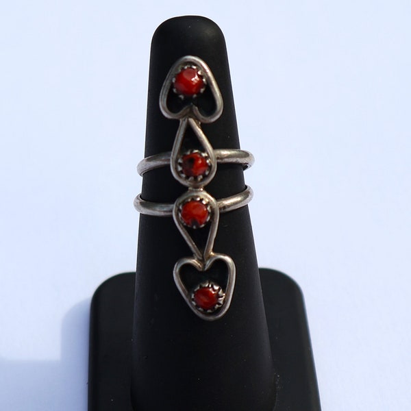 Long (1 1/2 inches) Vintage Zuni Tribe Red Coral & Sterling Silver Ring size 5 Stunning 5.5 grams circa 1960's