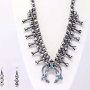 Navajo sandcast Sterling & Kingman Turquoise Squash Blossom necklace w/ matching earrings by GILBERT MARTIN 25 1/2 inches 123 grams STUNNING