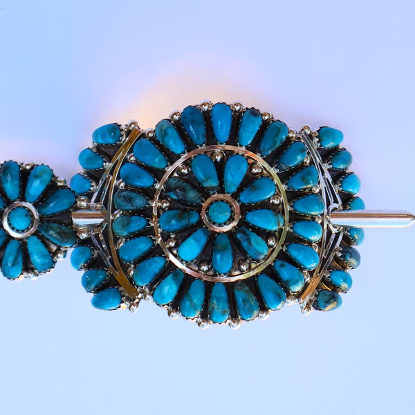 Stunning New Navajo (by Davin Benally) Hair Cuff Pin Barrette Sterling Silver & Kingman Turquoise 38 grams 4 X 2 inches 57 turquoise gems!