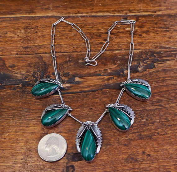 Signed Navajo Malachite & Sterling Silver Necklac… - image 7