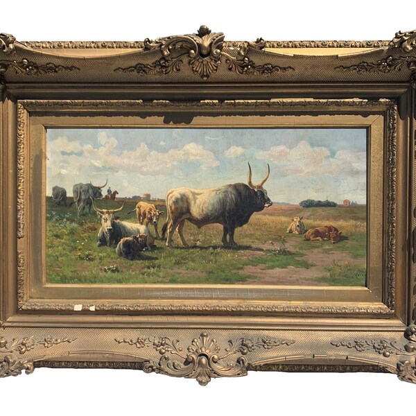 Alfredo de Simoni (Italienisch, 19./20.Jh.) Großes Original Ölgemälde - 90cm B x 60cm H-Stier grasende römische Campagna