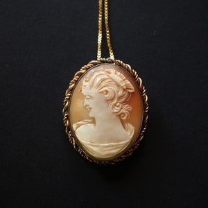 Pretty Antique (circa 1930's) 12K gold-filled Cameo or Brooch on new 20" gold plated sterling chain- Gold filled Cameo Necklace pendant