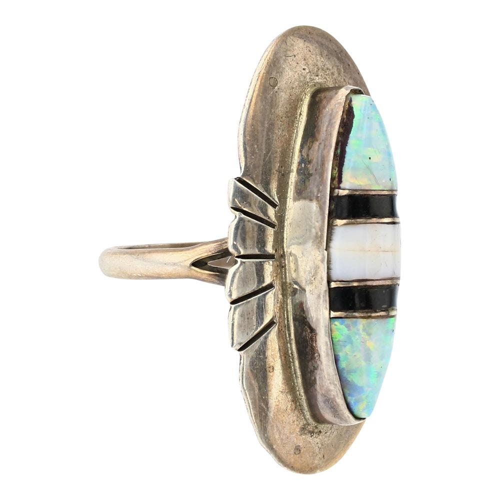 Radiant Native American Navajo Inlay Kingman Turquoise Synthetic Opal Sterling Silver Ring Radiant Native American Navajo Inlay Kingman Turquoise Synthetic Opal Sterling Silver Ring