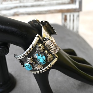 LARGE 135 grams! Men&#39;s signed &quot;JM Haley&quot; Navajo Sterling Silver & Morenci Turquoise Watch Cuff 7 1/4&quot; wearable circumference 4 large Nuggets