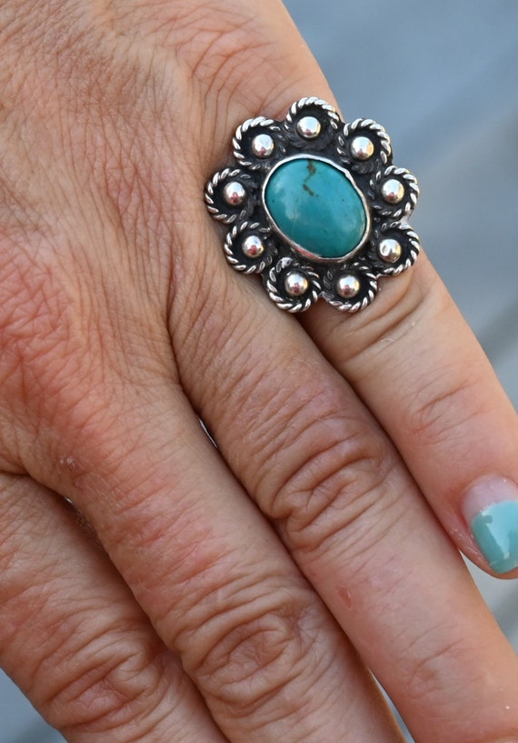 Vintage Navajo Style Turquoise & Sterling Flower … - image 9