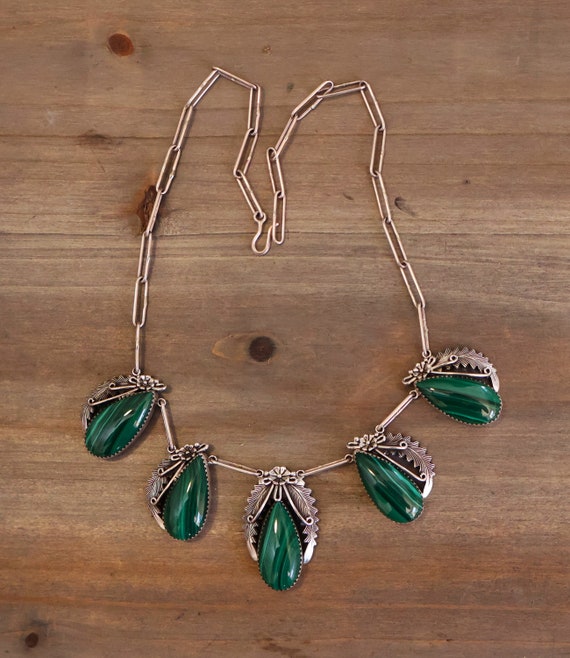Signed Navajo Malachite & Sterling Silver Necklac… - image 8
