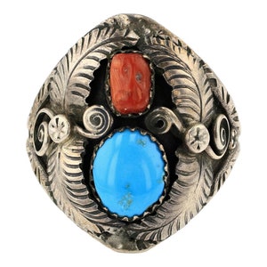 Signed (Fred Baca) size 13.25 Navajo Men&#39;s Sterling, Red Coral & Kingman Turquoise Saddle ring -Gorgeous detail! Vintage