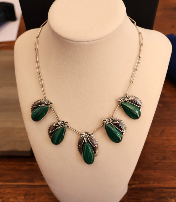 Signed Navajo Malachite & Sterling Silver Necklac… - image 1