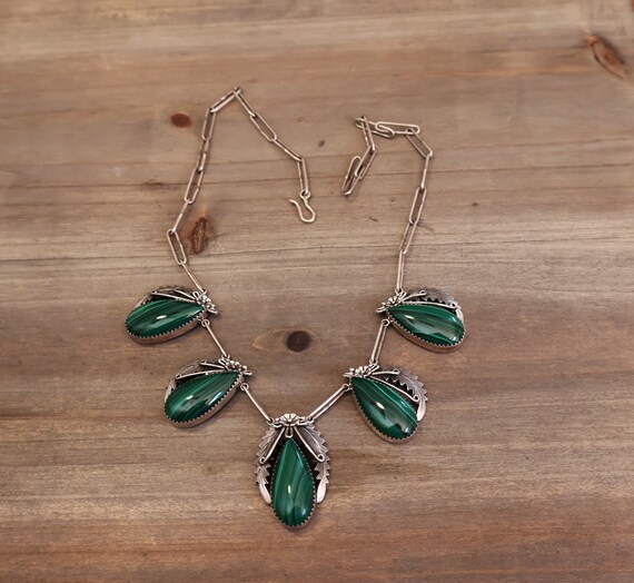 Signed Navajo Malachite & Sterling Silver Necklac… - image 9
