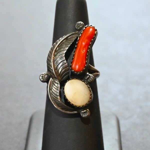 Longer Vintage Navajo Sterling Silver Coral & MOP size 6 1/4 Ring-circa 1960's- Navajo ring 1 1/4 inches long Mother of Pearl and Red Coral