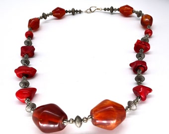 Large Tibetan Carnelian, Red Coral & Silver bead Necklace- 27.5 inches Gorgeous! 131 grams