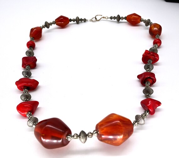 Collier Femme En Perles De Cornaline Rouge Et Perles Tibétaines - Pendentif Plaqué Or - ThurColas
