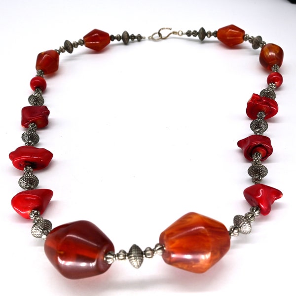 Große tibetische Karneol, rote Koralle & Silber Perle Halskette - 27,5 Zoll Wunderschöne! 131 Gramm