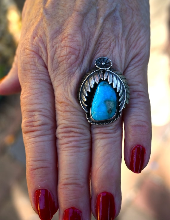 Large Navajo Size 5 3 4 Signed j jason Livingston Sterling Silver and blue Gem Turquoise Ring Stunning 1 3 8 Inches Long 11.5 Grams Etsy