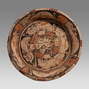 Authentic Pre-Colombian Polychrome Pottery Plate with Abstract Birds ca 800-1350 AD Artifact Costa Rica, Nicoya Culture w/ COA 10 3/8 inches