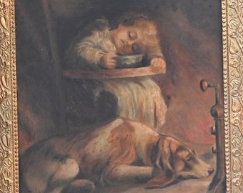 William Edward Sturgis (Missouri early 20th century) Original Oil - 27&quot;H x 23&quot;W- &quot;Child sleeping with Dog&#39; Framed