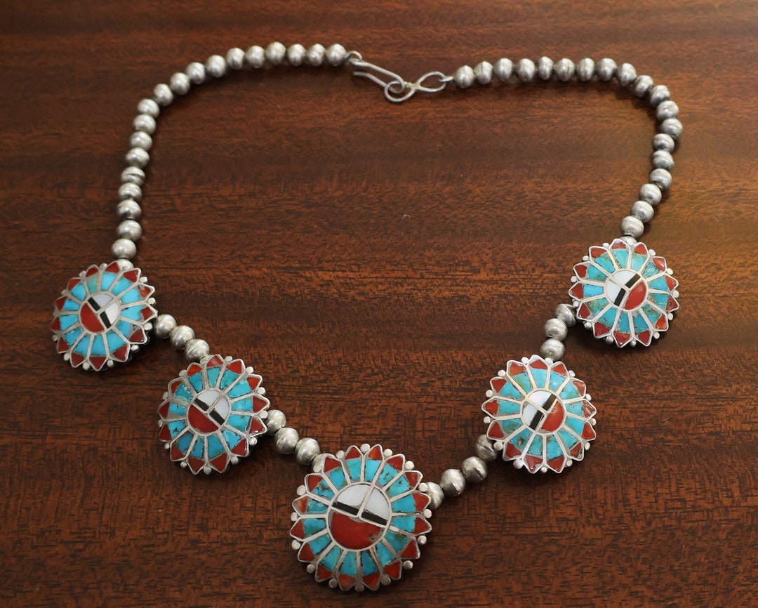 Vintage Zuni Sun Face Necklace Sterling, MOP, Turquoise, Onyx & Coral