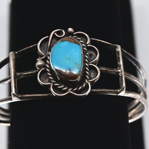 Vintage Navajo Turquoise & Sterling Silver Flower Cuff Bracelet- circa 1970's -Unique Piece! shops