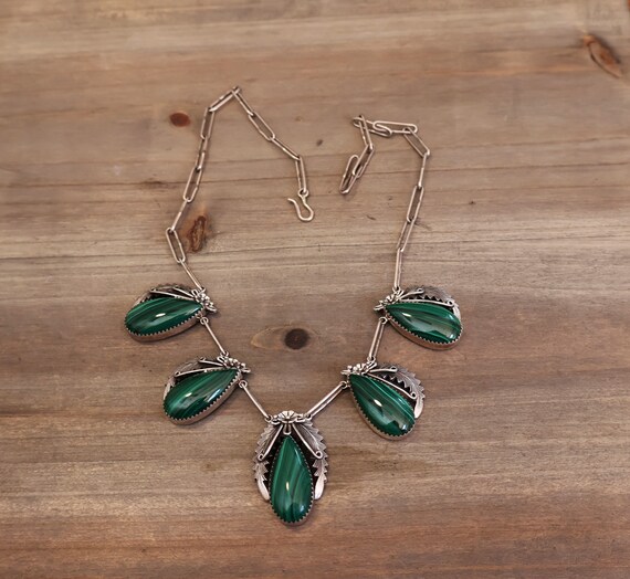 Signed Navajo Malachite & Sterling Silver Necklac… - image 3