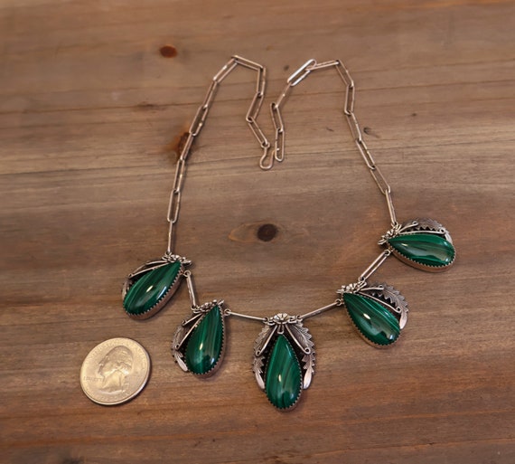 Signed Navajo Malachite & Sterling Silver Necklac… - image 6