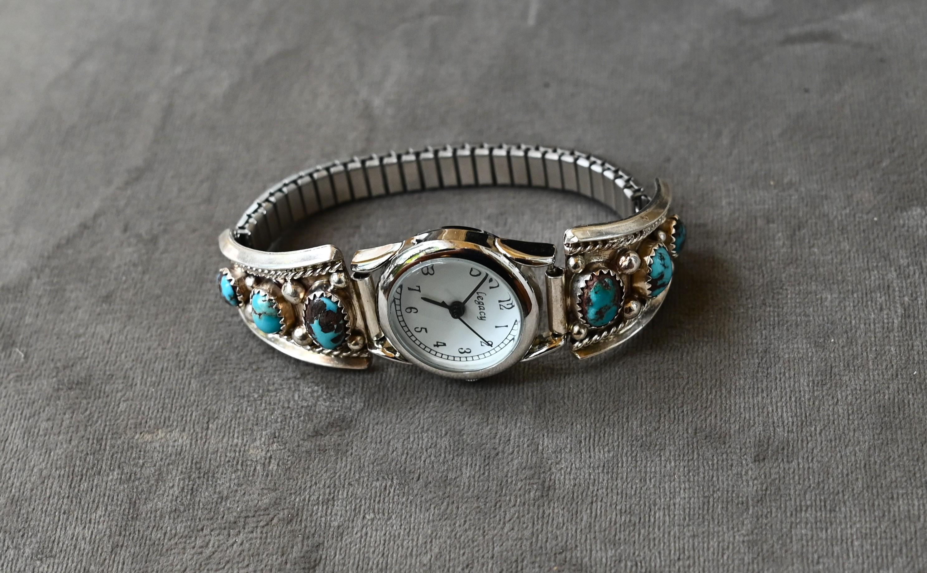 Zuni Native American Sterling Silver Turquoise Pearl Vintage Watch Band Parts Item #1022N- Vintage Women main image 2