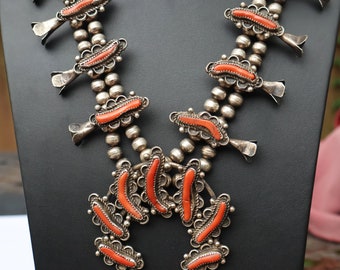 283 Gram Vintage Native American Navajo Coral Sterling Silver Squash Blossom Necklace Old 283 Gram Vintage Native American Navajo Coral Sterling Silver Squash Blossom Necklace Old