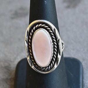 Stunning Long hallmarked &quot;HJ&quot; Navajo size 6 3/4  Ring Pink Mother of Pearl & Sterling  long 1 1/8 inches Navajo Ring Elegant 7.4 grams
