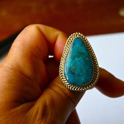 Long (1 5/8 inch) Navajo signed Herbert Tsosie Sterling Silver & shops Kingman Turquoise ring size 6 3/4 NEW Gorgeous stone! 13.5 grams! Stunning