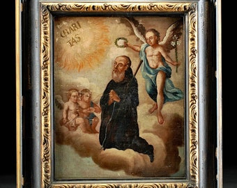 Large Authentic 18th C. Spanish Colonial Painting of San Francisco de Paula 31.75 x 27.5 Inches with COA- Delightful Piece! Italian Saint