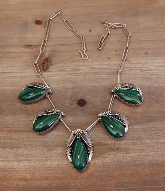 Signed Navajo Malachite & Sterling Silver Necklac… - image 4