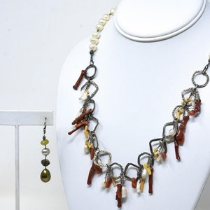 Stunning Sterling Baroque Pearl & Coral Necklace and Earrings -Vintage Boho Stlye Suite Set