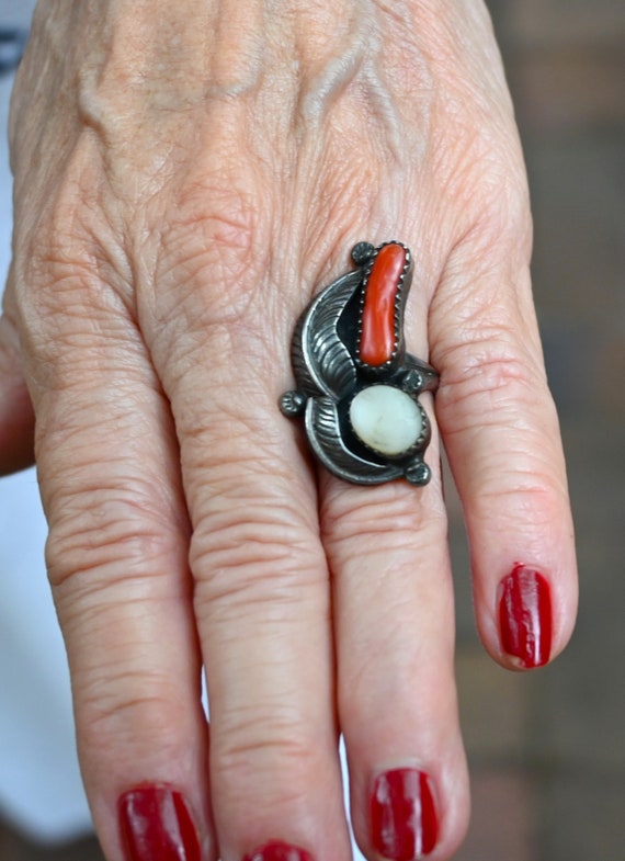 Longer Vintage Navajo Sterling Silver Coral & MOP… - image 2