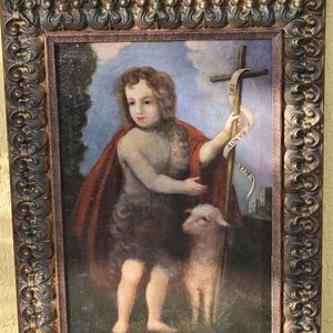 Large Authentic 18th C. Spanish or Italian Oil  St. John the Baptist as a child 27.5 x 36 Inches with COA and Provenance- Delightful Piece!