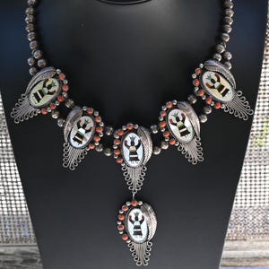 Stunning Navajo Squash Blossom Necklace by Edward Becenti Muti-gemstone Inlay & Sterling Apache Ga&#39;an Mountain Spirit Dancer 134 grams 27&quot;