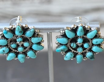 New Authentic Navajo Tribe earrings by Davin Benally Sleeping Beauty Turquoise & Sterling Silver earrings 1.25 X 1.25 inches 12 grams Pretty