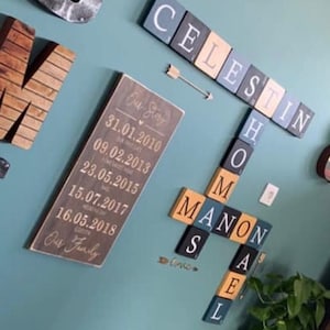Personalized wall scrabble, wooden first name letters, family wall decoration, gift idea for home and children&#39;s room, designer decor,