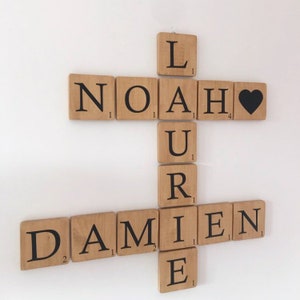 Personalized wall scrabble, wooden first name letters, family wall decoration, gift idea for home and children&#39;s room, designer decor,