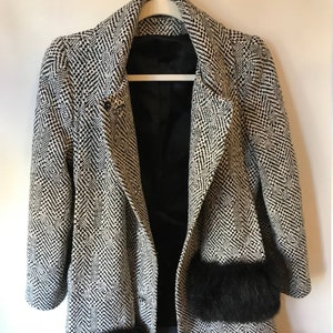 Black and White 60s YouthCraft Pea Coat with Faux Fur Bottom Lining & Attached Muff Sleeves