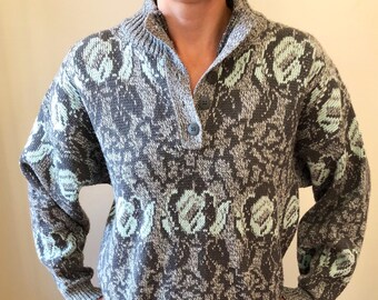 Wool Gray & Pale Blue 80s Women's Vintage Pull Over Sweater