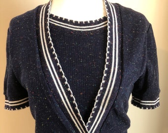 Vintage Mod Navy Blue Sprinkled 60s Blouse Top - Size Small