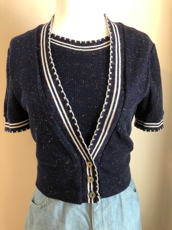 Vintage Mod Navy Blue Sprinkled 60s Blouse Top - … - image 1