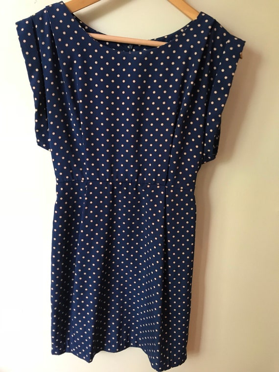 Vintage Mod Navy Blue Dress with White Polkadots … - image 2