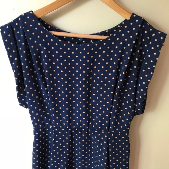 Vintage Mod Navy Blue Dress with White Polkadots … - image 1
