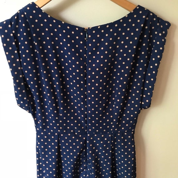 Vintage Mod Navy Blue Dress with White Polkadots … - image 5
